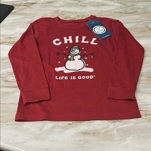 Life Is Good Red Long Sleeve Tee with Snowman Graphic